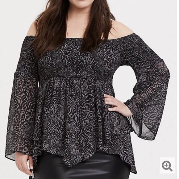 Torrid 4X Off Shoulder Animal Print Top Boho Sheer Bell Sleeve Peplum Blouse - Picture 1 of 11